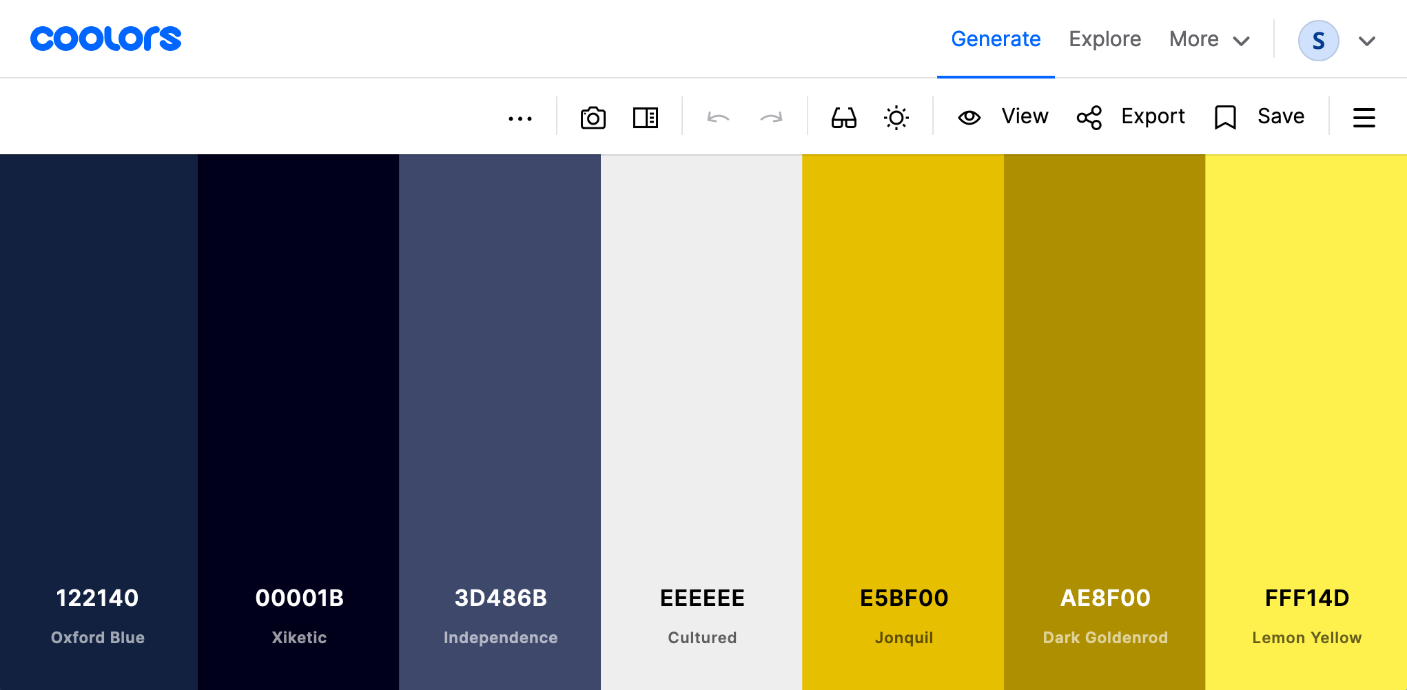 My palette saved in Coolors, featuring a navy blue primary color with a darker and lighter variant, a gold secondary color also with variants, and a neutral off-white color between them