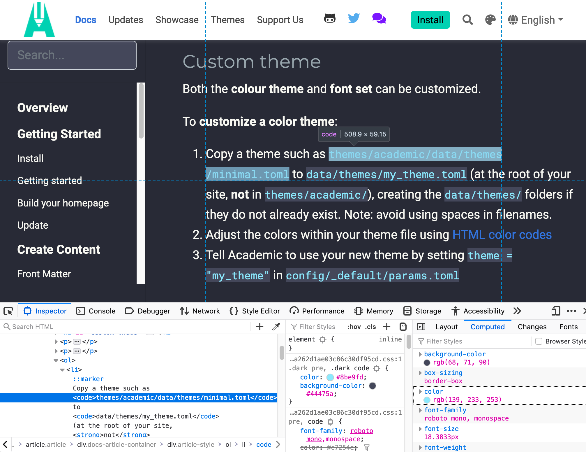 A view of the Firefox web inspector inspecting some inline code available on the Hugo Academic documentation site which used the out-of-the-box dark mode colors. The inspector reveals that the selected text was styled by the CSS code chunk included earlier and includes color previews so you can visually identify elements by color.
