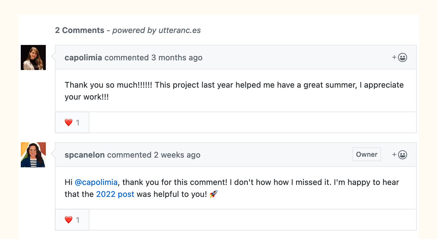 User @capolimia says 'Thank you so much!!!!!! This project last year helped me have a great summer, I appreciate your work!!!' and I respond 'Hi @capolimia, thank you for this comment! I don't how how I missed it. I'm happy to hear that the 2022 post was helpful to you! 🚀'