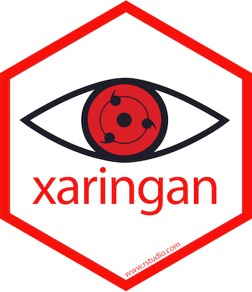 Hex logo for the xaringan package. It features the kaleidoscope copy wheel eye from the show Naruto.