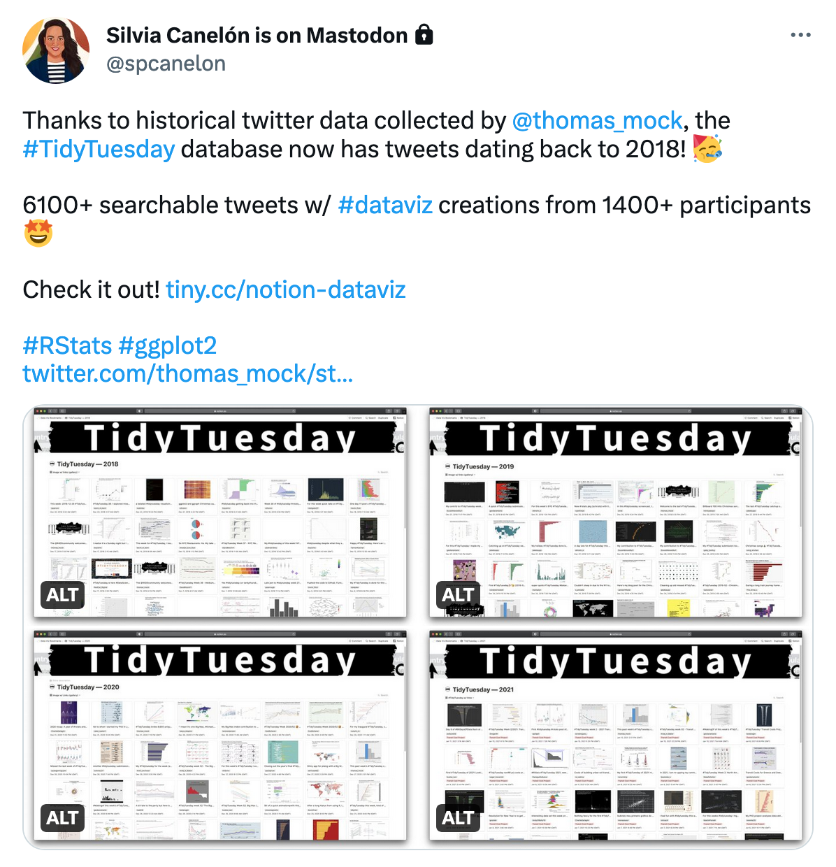 Thanks to historical twitter data collected by @thomas_mock, the #TidyTuesday database now has tweets dating back to 2018! 6100+ searchable tweets w/ #dataviz creations from 1400+ participants 🤩 Check it out! http://tiny.cc/notion-dataviz