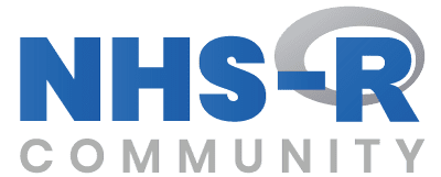 Logo for the NHS-R Community featuring the R logo forming the R of NHS-R