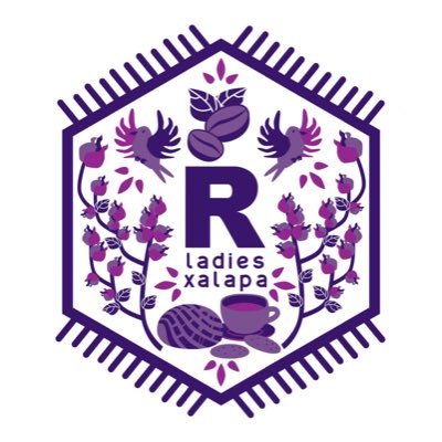 Hex logo for R-Ladies Xalapa featuring regional flowers, foods, animals, and tapestry
